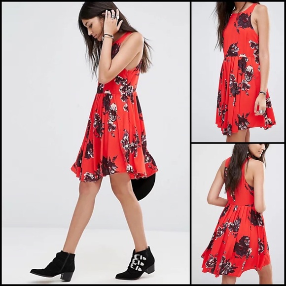 Free People Red Floral Pleated High Neck Mini Dress w/Pockets - Picture 2 of 7